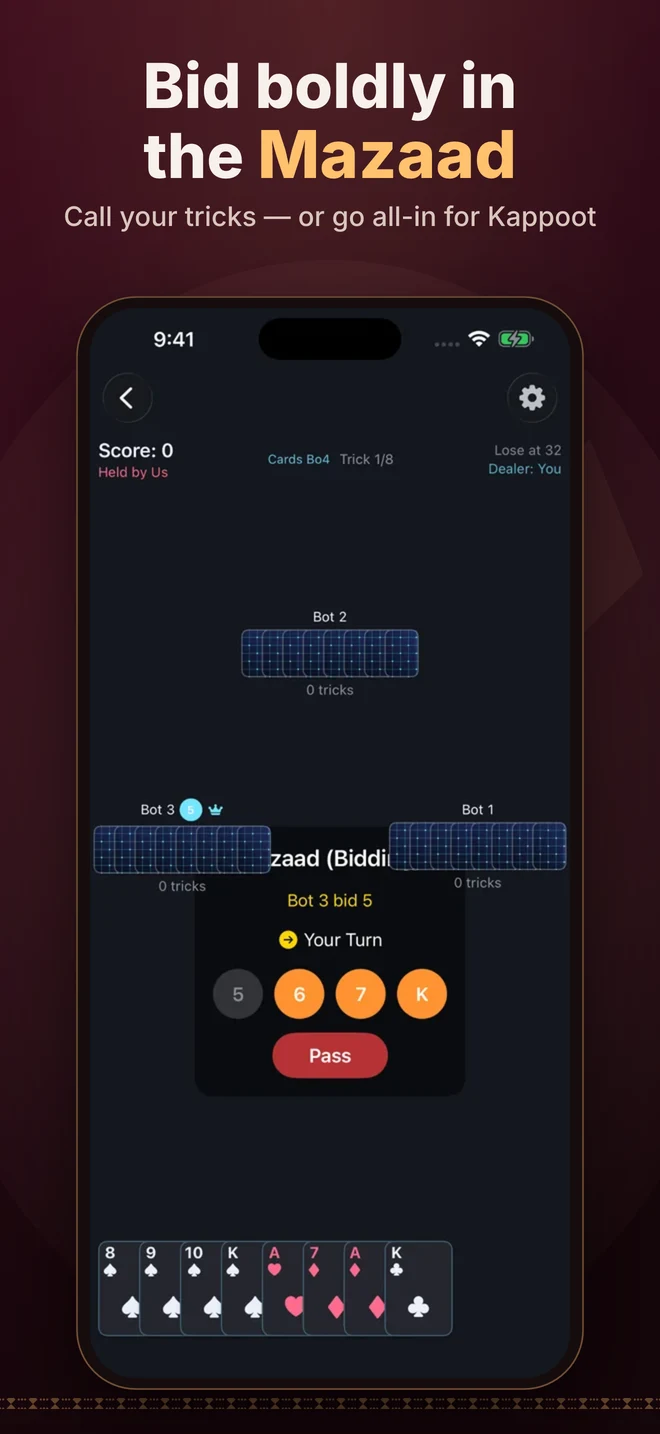 Mazaad bidding round — call your tricks or go for Kappoot