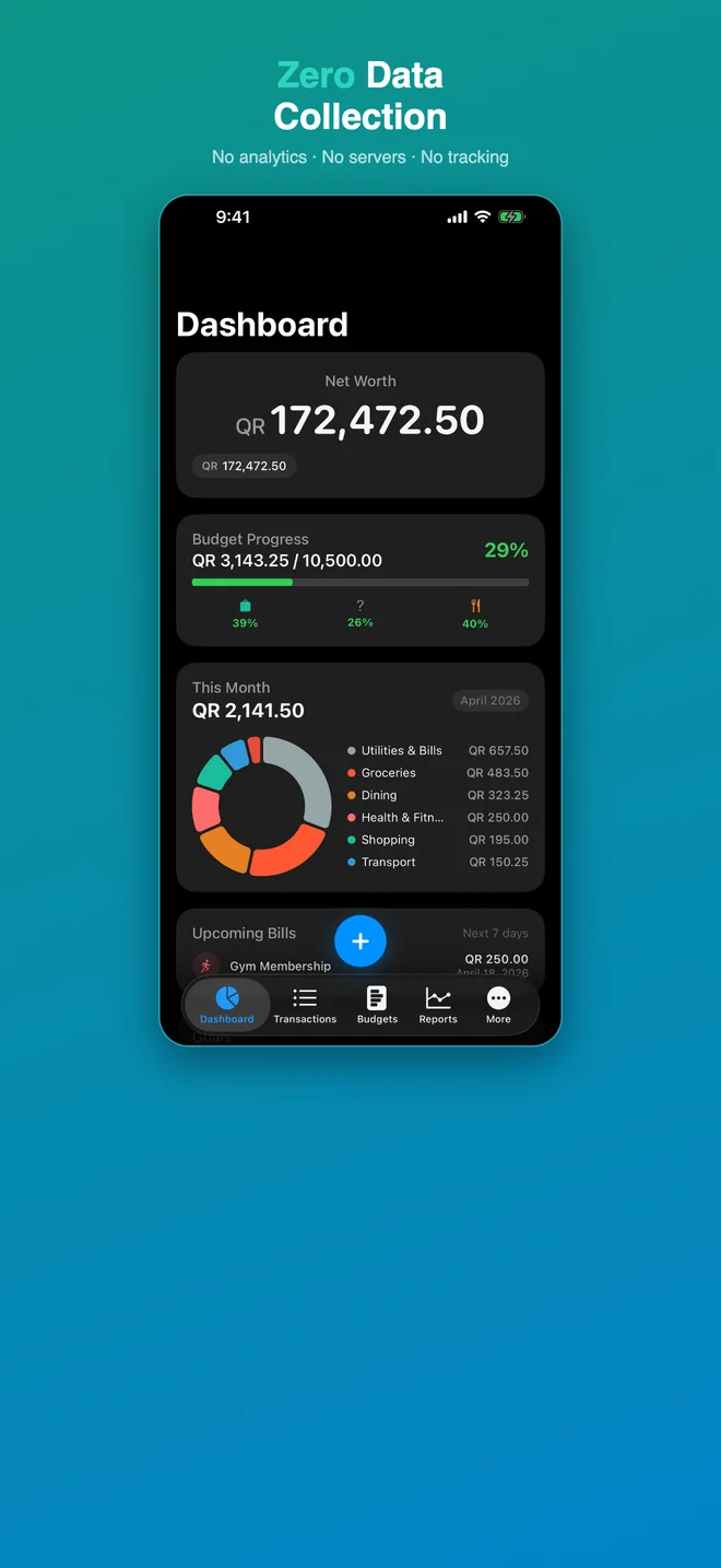 Zero data collection — your data stays yours